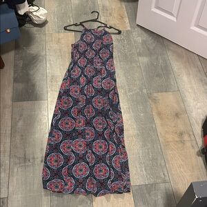 French Grey Red and Blue Patterned Maxi Dress